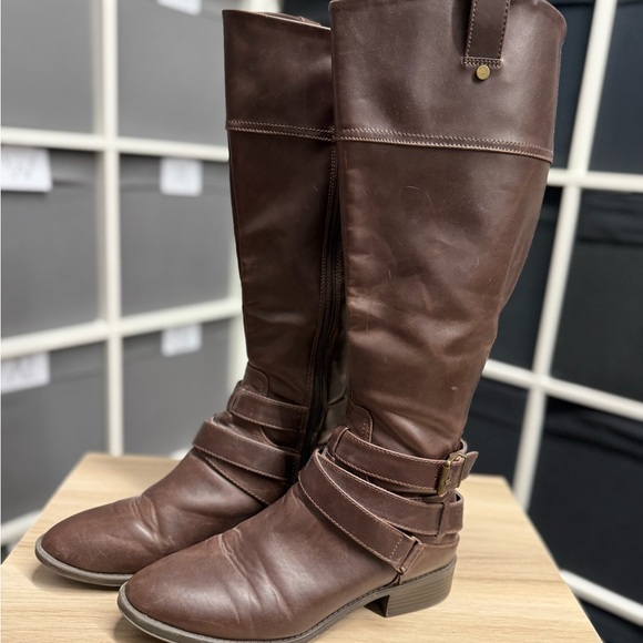 Target Merona Brown Leather Tall Riding Style Boots with Faux Spur Straps - Picture 1 of 6